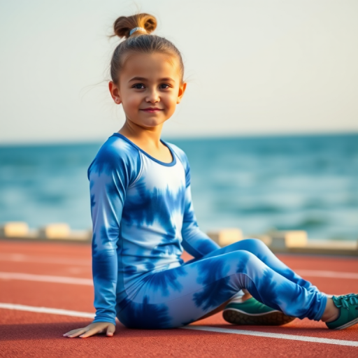 portrait of a young girl in a blue tie-dye workout outfit sitting on an athletic track by the beach with a calm sea in the background, natural lighting, focal length 35mm, aperture f/2.8, ISO 100, mirrorless camera, soft-focus background