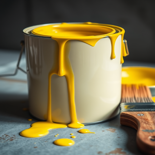 Create a highly detailed image of a paint can with yellow paint dripping from the edges and a paintbrush beside it with yellow paint on the bristles, use a DSLR camera with a 50mm lens at f/1.8, ISO 100, in natural lighting for a vibrant and sharp focus.