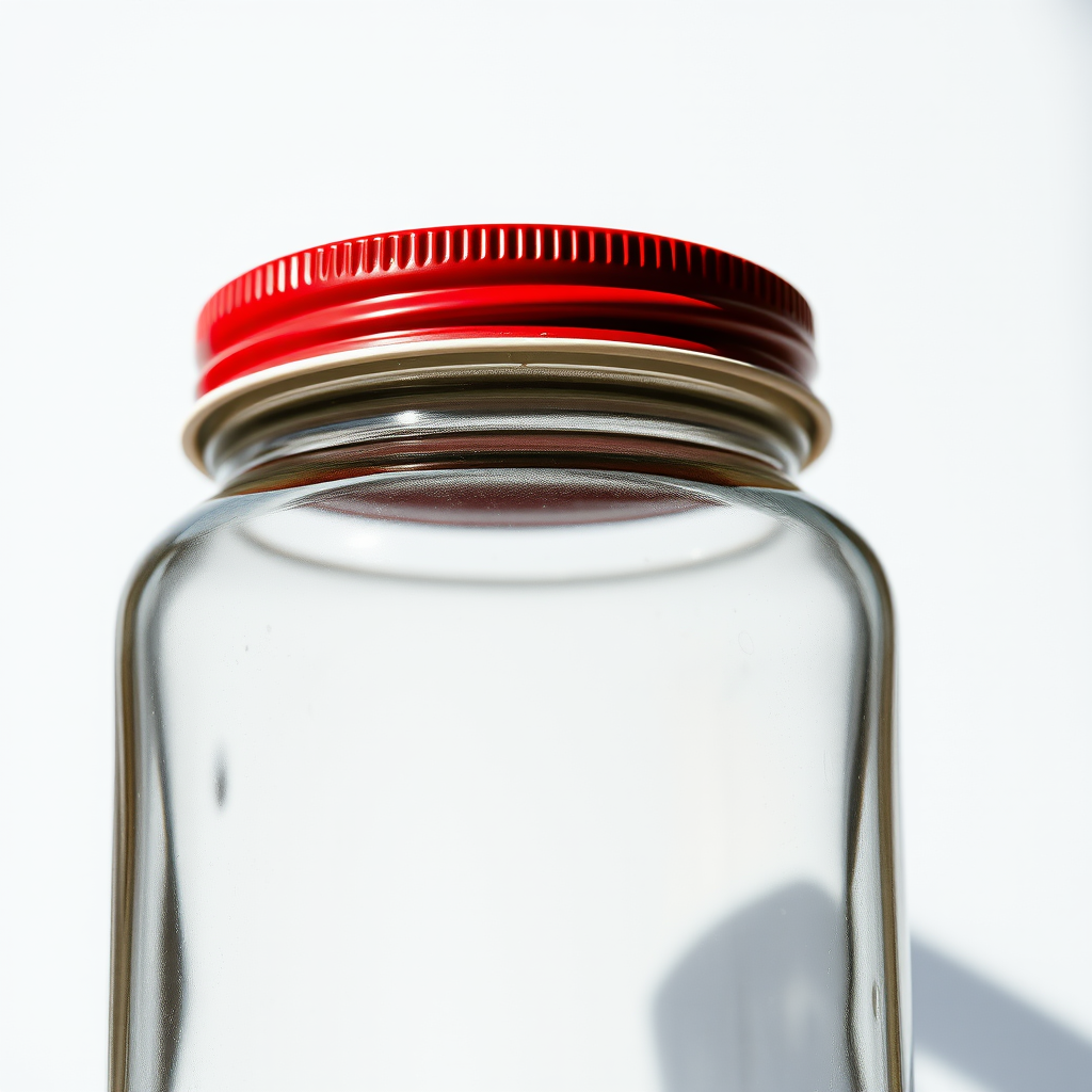 Capture a clear image of a glass jar with a red lid at a 45-degree angle, using a Canon EOS R5 with a 50mm f/1.8 lens, aperture set to f/2.8, ISO 100, and a shutter speed of 1/125s in natural light to enhance clarity and details.