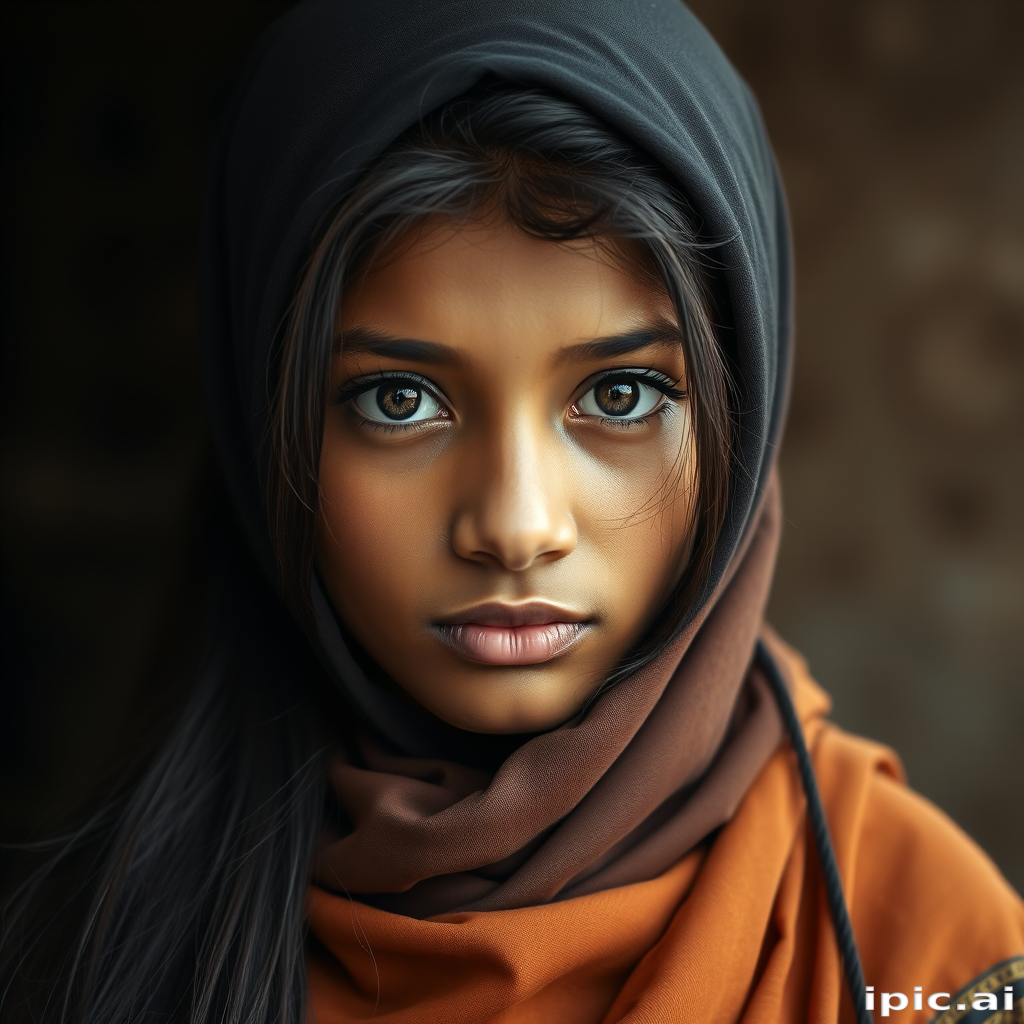 Create a portrait of a young Sri Lankan woman with long, dark hair and captivating hazel eyes. She is wearing a dark headscarf and a matching scarf draped gracefully around her neck. The background is softly blurred, focusing attention on her serene and natural expression. The overall color palette is muted and warm, enhancing the intimate and authentic feel of the portrait.
