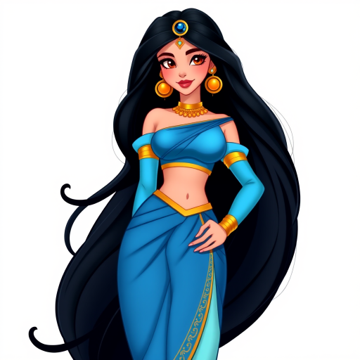 Create an illustration of an animated princess jasmine of aladdin with long dark hair, wearing a detailed flowing blue outfit and gold accessories. She stands confidently, exuding charm and grace.