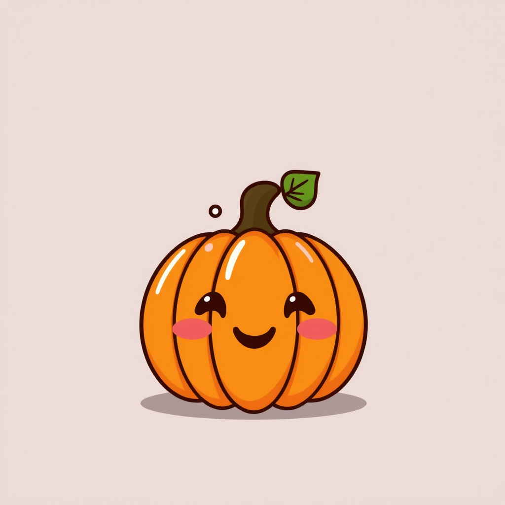 Create a kawaii-style pumpkin with a cheerful, happy face and rosy cheeks. The pumpkin should be vibrant orange with a shiny texture. Design it to be cute and playful, ideal for a light-hearted Halloween or autumn theme, with a simple and whimsical expression.