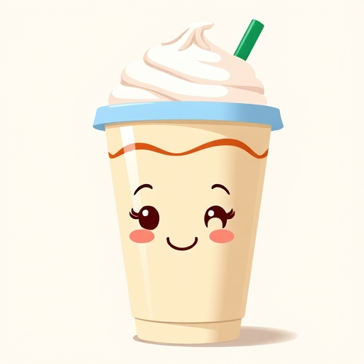 Create a high-resolution illustration of a cute, cartoonish frappuccino cup with a smiling face, topped with whipped cream and a light blue lid, using a Canon EOS R5 with a 50mm lens, aperture f/2.8, ISO 100, and shot in soft natural lighting.