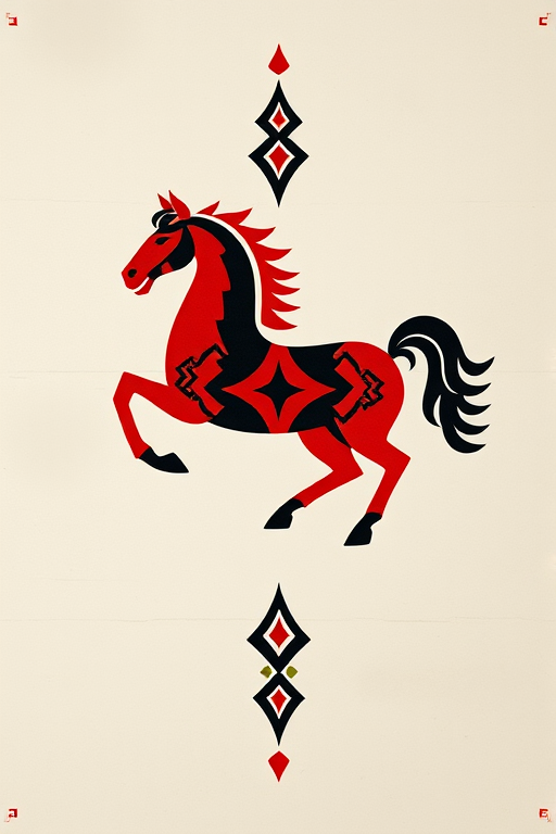 Create a high-resolution image of a stylized red and black horse motif with geometric patterns, captured using a DSLR camera at f/8 aperture, ISO 100, 50mm lens, top-down view, vibrant color palette, and sharp focus.