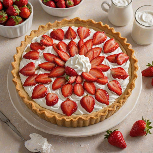 Create a dessert image featuring a beautifully arranged tart topped with fresh strawberries and dollops of whipped cream. The tart should have a golden crust and be garnished with a light dusting of powdered sugar. The background should be a soft, neutral color to highlight the vibrant colors of the strawberries and cream. Include some fresh strawberries on the side for added detail.