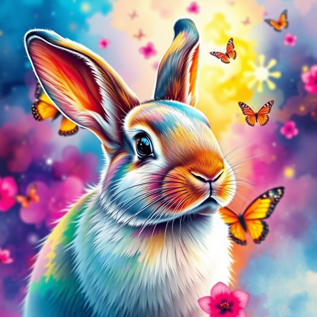 generate a vibrant and colorful illustration of a rabbit with a cosmic and watercolor background featuring butterflies, using a macro lens at f/2.8, 50mm focal length, in soft natural lighting for enhanced detail and depth.