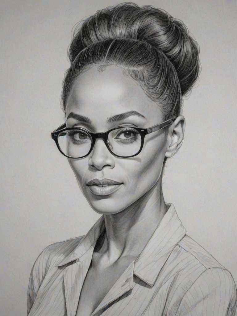 Enticing Jada Pinkett Smith, pencil sketch, portrait of Captivating woman 1960s in glasses, hair style beatnik, outline, clear lines, fine lines, 8k