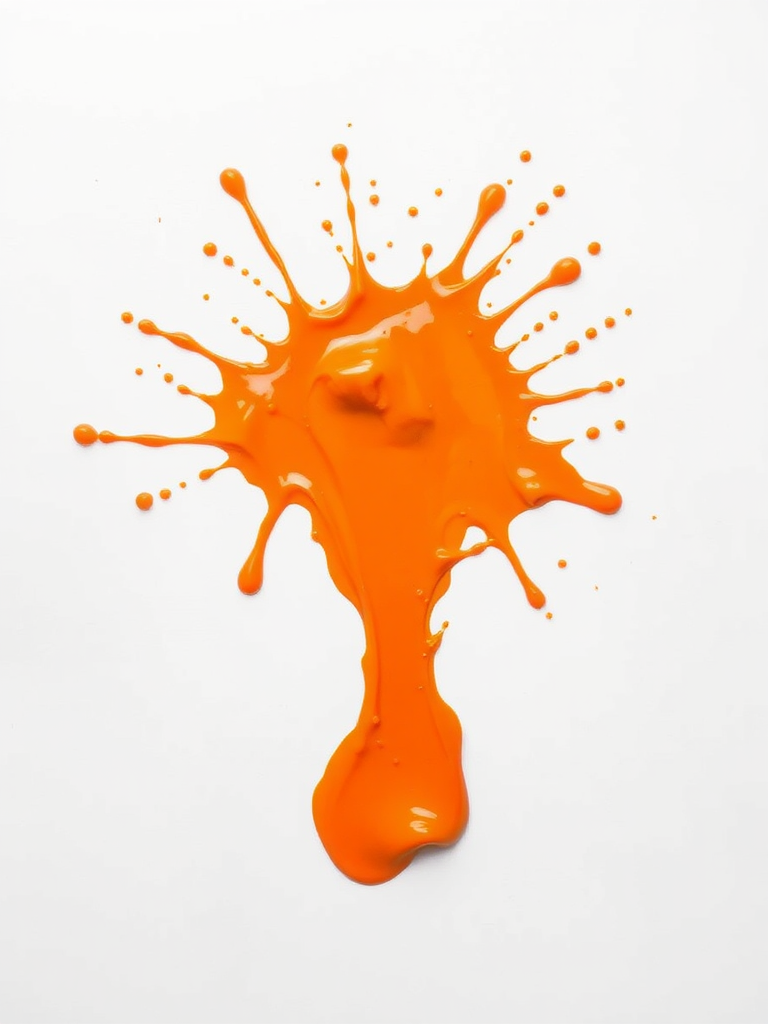 Create a vibrant orange paint splash on a white background using a DSLR camera at f/8 aperture, ISO 100, 50mm lens, and a top-down view for enhanced image quality.