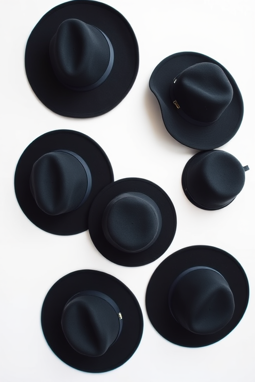 Capture a detailed, high-resolution image of six black hats arranged artistically on a plain background, using a DSLR camera with a 50mm lens, aperture set to f/2.8, ISO 100, and a shallow depth of field to enhance focus on the texture of the hats while softly blurring the background.