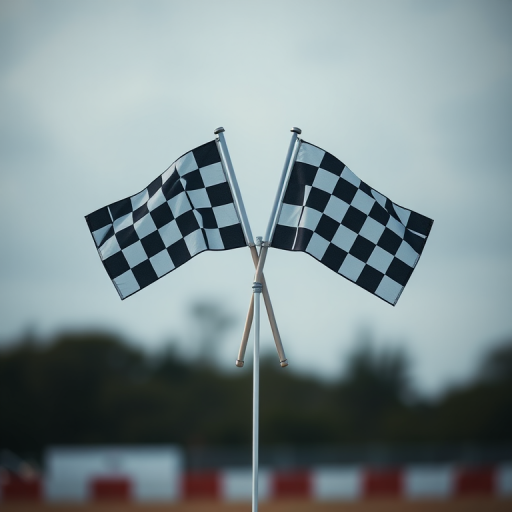 Create a high-resolution image of two crossed checkered flags, using a DSLR camera at f/2.8 aperture, 50mm lens, ISO 100, with a shallow depth of field, and shot from a low angle to emphasize the flags against a blurred background.
