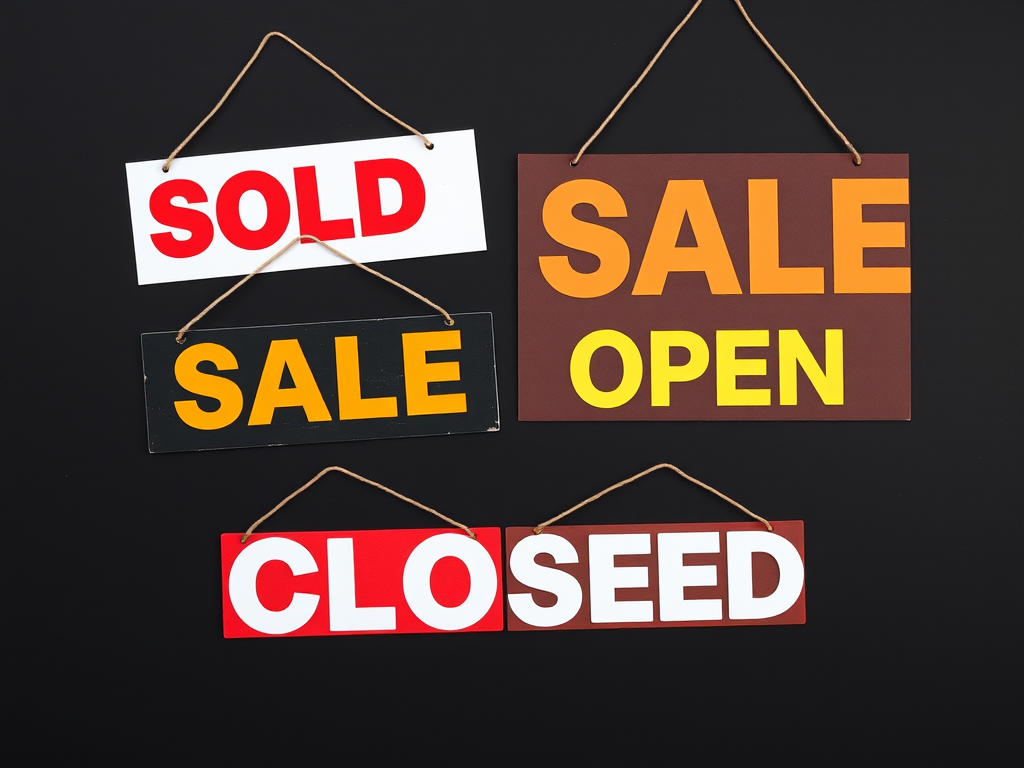 Create an image of four sale signs featuring the words "SOLD," "SALE," "OPEN," and "CLOSED" in bold, colorful typography on a black background, with a high-resolution DSLR camera at f/2.8 aperture, ISO 100, shutter speed 1/100s, top-down view, and utilizing a flat lay style for optimal clarity and detail.