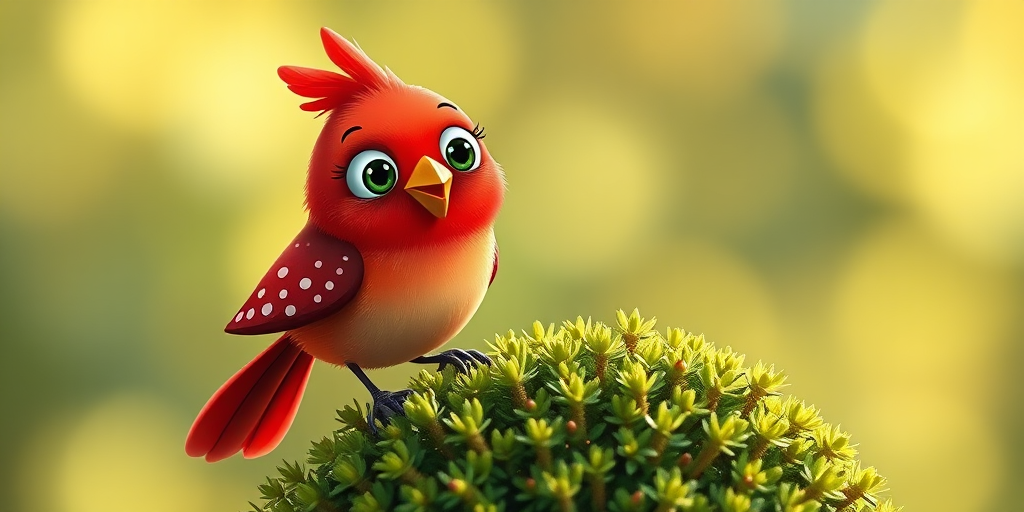 Create a vibrant illustration of a whimsical red bird with polka dots and exaggerated features perched on a small green bush, using a DSLR camera setup with an aperture of f/2.8, ISO 100, and a focal length of 50mm, shot in natural light from a slightly elevated angle for dynamic composition.