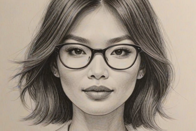 Captivating Gemma Chan, pencil sketch, portrait of Delightful woman 1954s in glasses, hair style beatnik, outline, clear lines, fine lines, 8k