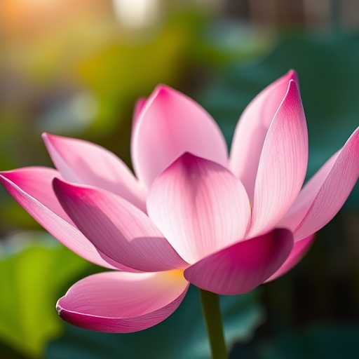 Capture a vibrant pink lotus flower in full bloom with soft lighting, using a macro lens at f/2.8, ISO 100, shutter speed 1/200 sec, shot from a low angle to emphasize the petals, using a DSLR camera to enhance image quality.
