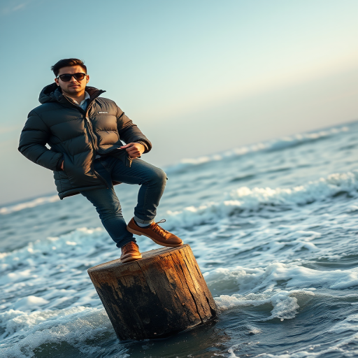 Capture a full body shot of a person wearing sunglasses and a winter jacket, posed on a weathered post in the ocean, with waves crashing around, shot at a low angle using a Canon EOS R5 with a 24-70mm f/2.8 lens, aperture set to f/4, ISO 100, and shutter speed of 1/250s, in natural lighting during golden hour for enhanced quality.