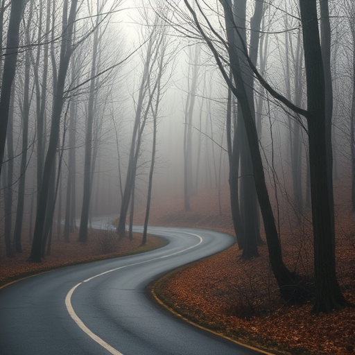 A winding forest road surrounded by bare trees in late autumn, soft morning light filtering through fog, shallow depth of field, ISO 100, aperture f/4, shutter speed 1/200s, DSLR, 50mm lens.