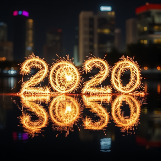 Create an image of "Happy New Year 2020" using sparklers reflected in water, captured with a Canon EOS 5D Mark IV, 24mm lens, aperture f/2.8, ISO 100, shutter speed 1/60s, taken at night with a slight bokeh effect to enhance the city lights.