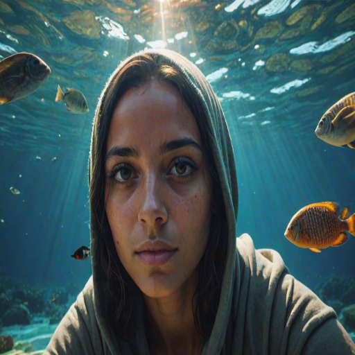 Realistic selfie image of a Oromo, wearing a vintage outfit, detailed dreamy eyes, droopy hooded eyes, staring at the camera, taken underwater at coral reef with a sunbeam filtering through the water, vibrant, summer vacation, natural lighting, turtle and school of tropical fish with vibrant colors, rendered in the style of CryEngine, Pegi Nicol MacLeod, with realistic genre scenes, hauntingly beautiful narratives, ultra-realism, and Thomas Saliot's close-up technique, 8K resolution, crystal clear and sparkling water.