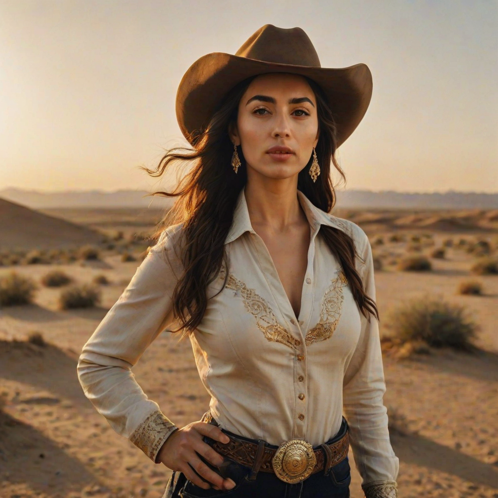 Dramatic photo of a beautiful Azerbaijani woman, classic cowboy attire, confident and free spirit expression, half-length portrait, centered, golden hour desert landscape, warm, diffused light, low angle, medium format film camera, in style of Annie Leibovitz.