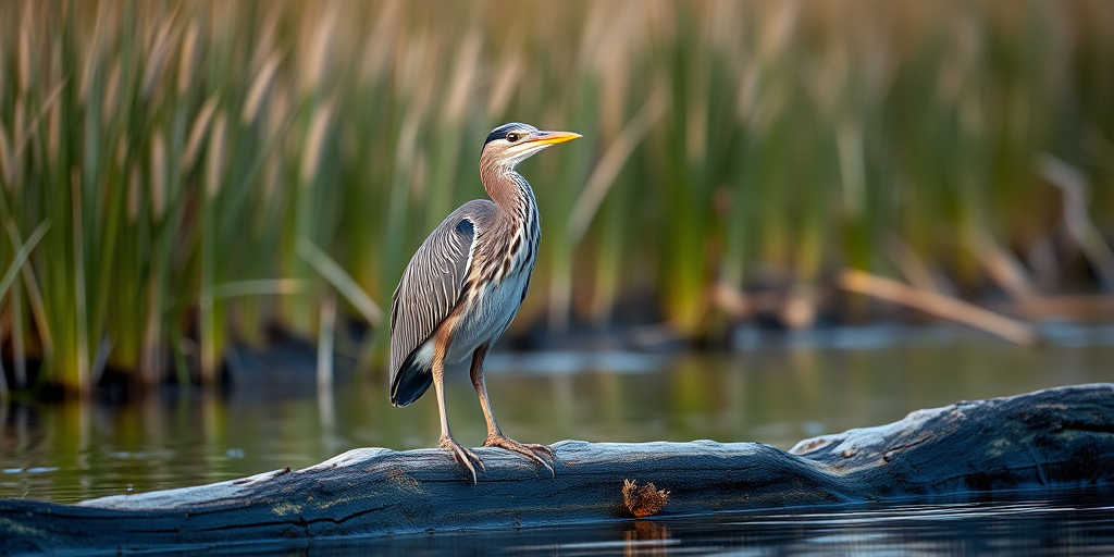 A sharp, detailed image of a bird standing on a log by the water, with tall grass in the background, captured with a DSLR camera at f/4, 1/500s, ISO 200, using a 300mm lens, in a natural setting with soft lighting, focus on the bird with a shallow depth of field.