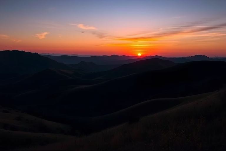 Create an image of a serene landscape featuring rolling hills and a sunset, captured with a Nikon D850 using a 24-70mm lens at f/8, ISO 100, 1/125s, in landscape orientation with a wide-angle perspective for enhanced detail and depth.