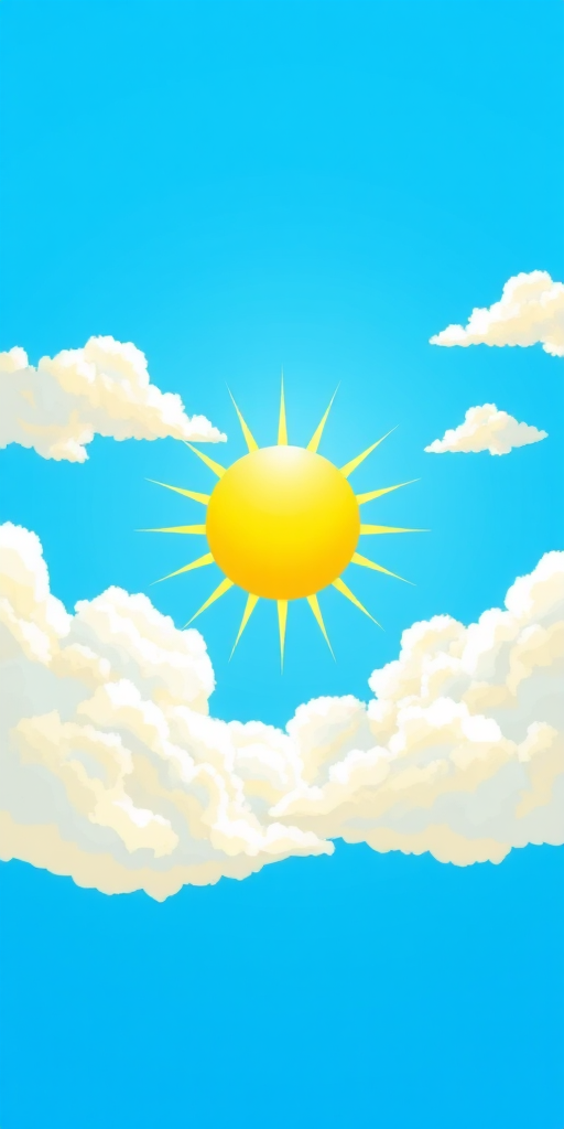 create a vibrant illustration of a sun with rays and fluffy clouds against a bright blue sky, using a digital art style, with high resolution settings of 300 DPI, viewed in a flat perspective, with a color palette emphasizing yellow and white, captured with a digital drawing tablet.