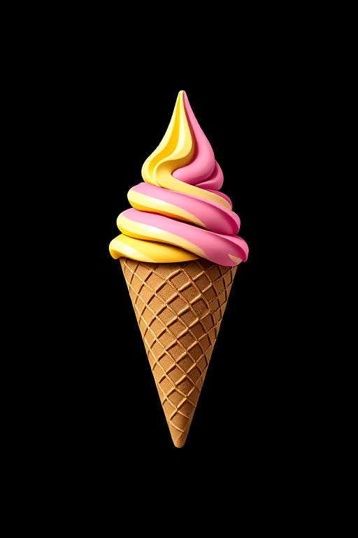 Generate a high-quality illustration of an ice cream cone with a pink and yellow scoop on a plain black background, use a Canon EOS R5 camera, 50mm lens, f/2.8 aperture, ISO 100, and a soft focus style for enhanced image quality.