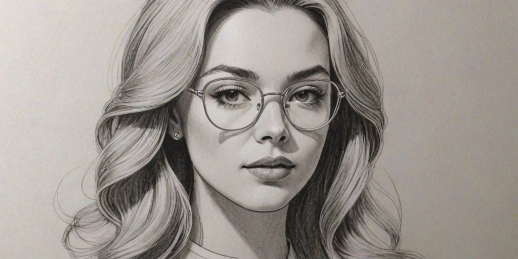 Fetching Peyton List, pencil sketch, portrait of Graceful woman 1972s in glasses, hair style beatnik, outline, clear lines, fine lines, 8k