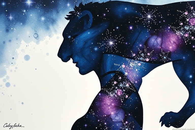 Captivating conceptual render alcohol ink art, double exposure, the paint strokes artfully merge combining a woman's full silhouette with a Ladybug crawl's silhouette. The figures are composed of a series of colored dots, lines & spots that evoke the image of a cosmic galaxy, colors are deep shades of blue purple & black with flashes of white & silver representing distant stars. The woman's silhouette is formed within the lion's silhouette from constellations of scattered stars, surreal