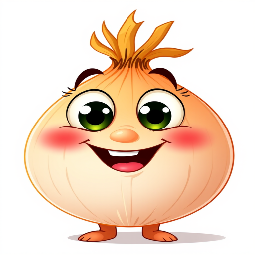 Create a vibrant cartoon illustration of a friendly onion character with large expressive eyes and a big smile, featuring a detailed texture on the onion's surface, set against a plain white background, captured with a DSLR camera at f/5.6 aperture, 50mm lens, ISO 200, and soft natural lighting for enhanced clarity.