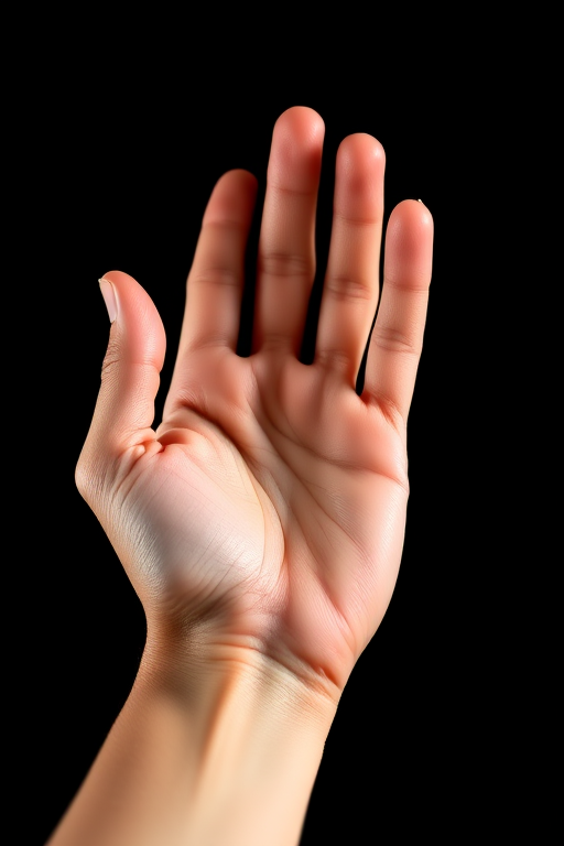 high-resolution illustration of a hand in an open palm position, focus on fine details and textures, black background, natural lighting, macro lens, DSLR camera, aperture f/2.8, shutter speed 1/100s, ISO 100, soft focus effect