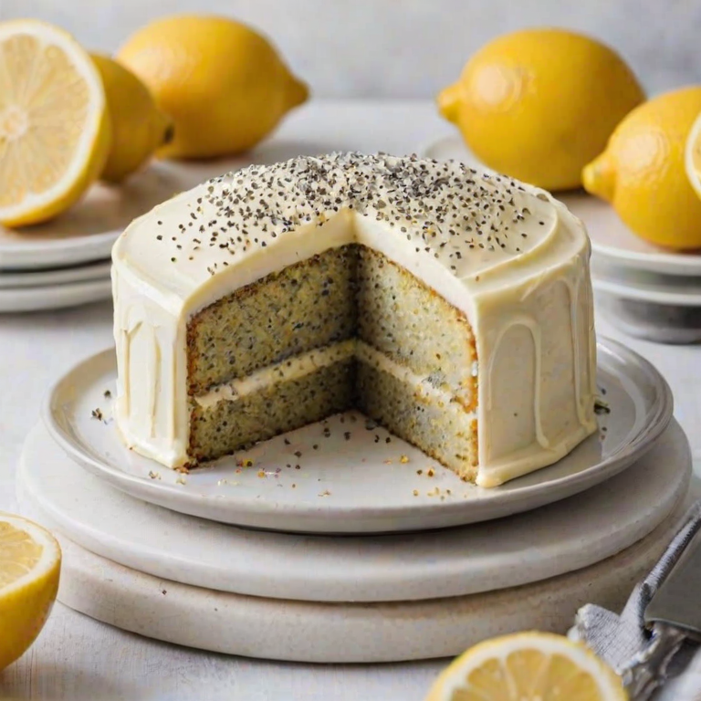 Create an image of a slice of lemon poppy seed cake with a moist, fluffy texture. The cake should have a light yellow color, dotted with black poppy seeds, and be generously layered with a creamy lemon frosting. The background should be simple and elegant, enhancing the cake's appeal.