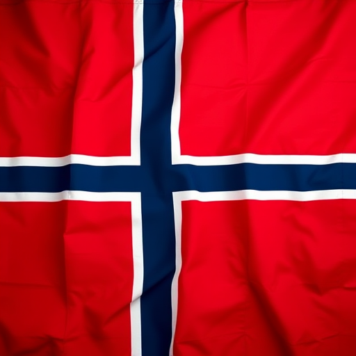 Create a high-resolution image of the Norwegian flag with vibrant red and blue colors, captured with a DSLR camera at f/8 aperture, ISO 100, 1/250 sec shutter speed, using a top-down view and a shallow depth of field for enhanced clarity and detail.