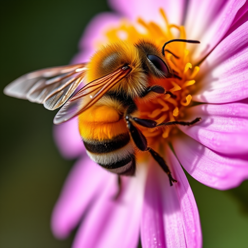 macro shot of a bee on a flower with detailed wings and vibrant colors, focus on the texture of the flower and the bee, shallow depth of field, f/2.8 aperture, 100mm lens, 1/200s shutter speed, soft backlighting, high-resolution DSLR camera