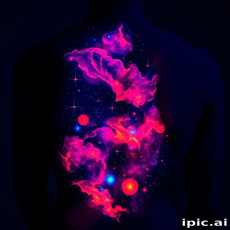 Cosmic blacklight tattoo revealing a hidden galaxy scene on the back when exposed to UV light, with glowing nebulas and shimmering stars