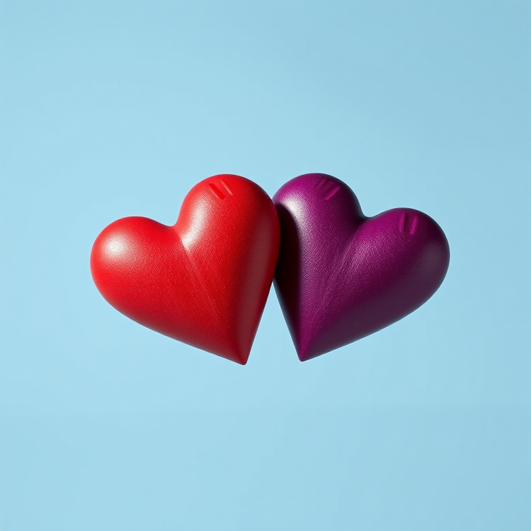 Generate an image of two hearts, one red and one deep purple, against a soft blue background, using a Canon EOS R5 with a 50mm f/1.2 lens, aperture set to f/4, ISO 100, shot in natural light, focusing on vibrant colors and texture to enhance image quality.