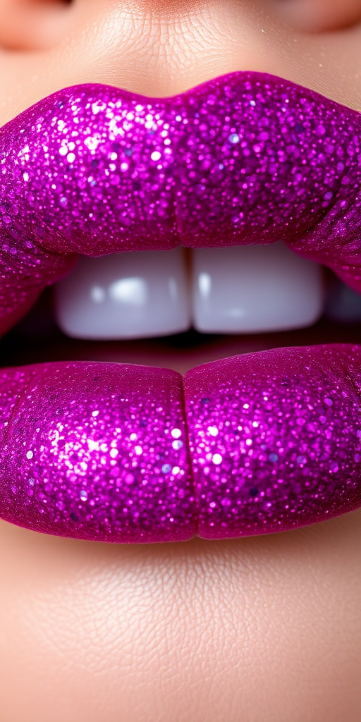 Dazzling representation of glitter-infused magenta lips, showcasing vibrant color and sparkling texture in macro detail