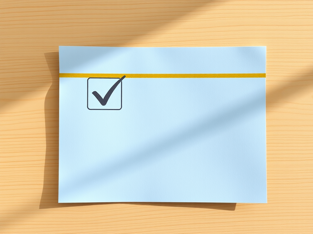Create a high-resolution image of a light blue document with a gray checkmark icon in the upper left corner and a golden header, captured with a DSLR camera at f/2.8, ISO 100, 50mm focal length, and natural lighting to enhance clarity and detail.