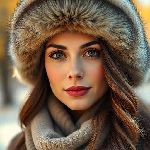 portrait of a woman in a fur hat with a soft focus background, natural light, 85mm lens, f/1.8 aperture, ISO 100, shallow depth of field, full face view, Canon EOS R5