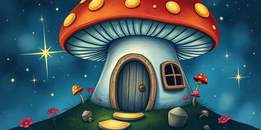 this photo is illustration of a mushroom house with a door and a window, a storybook , fantasy art, mushroom house, bg starry sky, sparkles