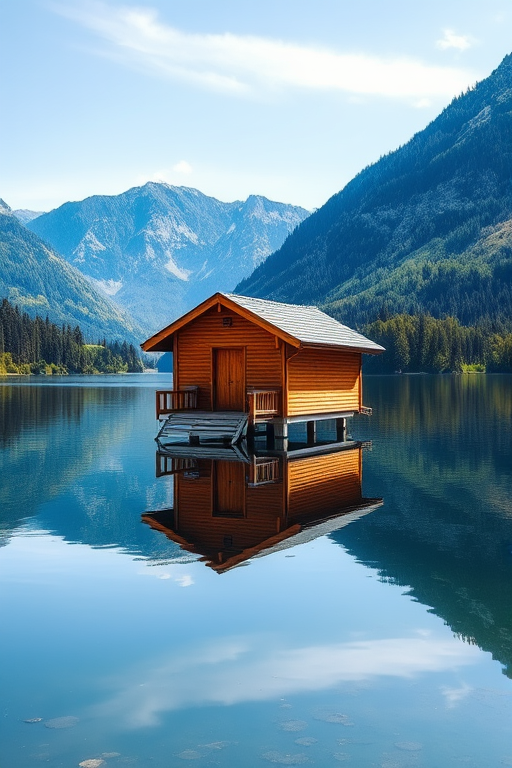 Generate a serene lakeside scene with a wooden boathouse reflecting on calm water, surrounded by lush greenery and mountains in the background, taken with a DSLR camera at f/8, ISO 100, 1/125s, 24mm lens, in natural daylight for vibrant colors and sharp details.