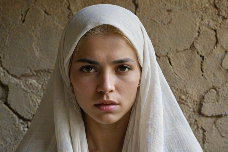 Create a close-up photographic image of a Turkmen woman with light skin tones shown against an old, worn wall. Their head is wrapped in a white cloth covering (i.e.... parts of the head except the nose and mouth, which are open as if they are screaming...), with a slight texture and visible folds in the fabric. Thin strands of blonde hair escape from the wrapping above, falling lightly at the top and sides. Their hands hold the fabric as if they are tugging nervously. The lighting is dramatic and even, casting strong shadows. The image has a minimalist and surreal style with an emphasis on simplicity with soft color tones. The composition is centered.