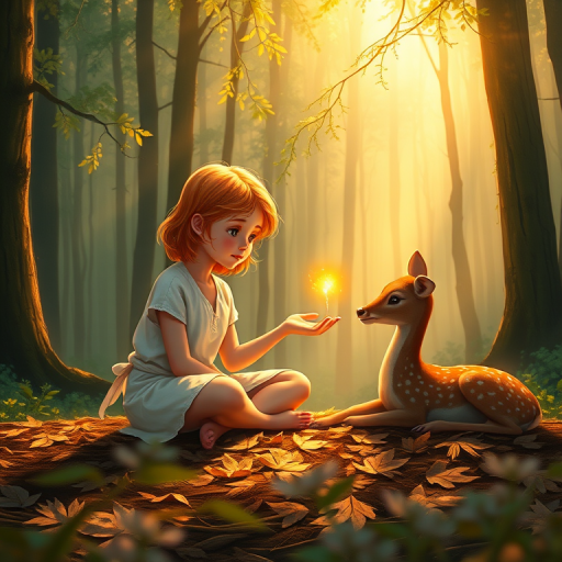 A luminous digital painting of a serene forest scene featuring a barefoot young female, about 7 years old, with orange hair and fair skin, dressed in a simple white outfit. He sits cross-legged on the forest floor, gazing at a small, glowing, magical firefly in his hand. Beside him, a delicate spotted deer lies calmly on a bed of dried leaves, observing the scene. The dense forest is bathed in warm, golden light filtering through the trees, creating a peaceful, magical atmosphere with a blend of natural and mystical elements.