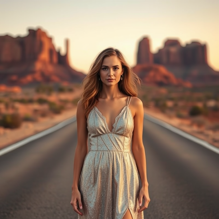 Create a portrait of a woman in a shimmering silver dress standing on a desert road with red rock formations in the background during golden hour, using a Canon EOS R5 with a 50mm lens, aperture at f/1.8, ISO 100, and shot in natural light for enhanced detail and vibrant colors.