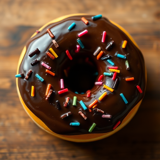 Create a hyper-realistic image of a chocolate frosted donut with colorful sprinkles on top, using a DSLR camera with a 50mm lens, aperture set to f/2.8, ISO 100, soft natural lighting, taken from a top-down view to emphasize texture and detail.
