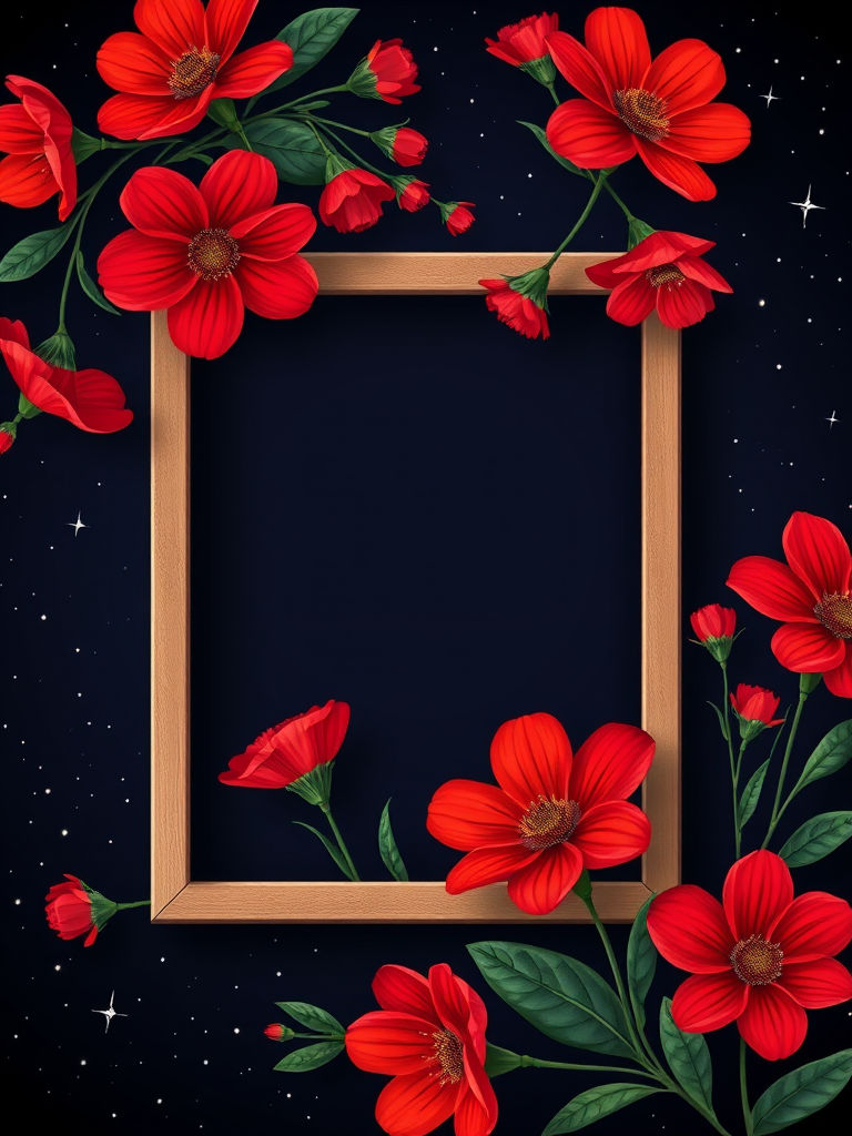 create a vibrant digital illustration of bold red flowers arranged around a blank square frame on a dark starry background, using a Canon EOS 5D Mark IV with a 50mm f/1.8 lens, set at f/2.8, ISO 100, and a soft focus style to enhance color saturation and depth.