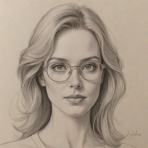 Fetching Kaitlyn Doubleday, pencil sketch, portrait of Dazzling woman 1976s in glasses, hair style beatnik, outline, clear lines, fine lines, 8k