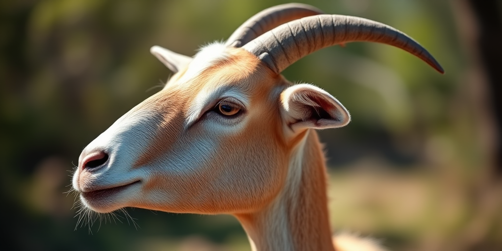 Generate a highly detailed and realistic image of a goat's head in profile, natural lighting, shallow depth of field, aperture f/2.8, 50mm lens, DSLR camera, high resolution.