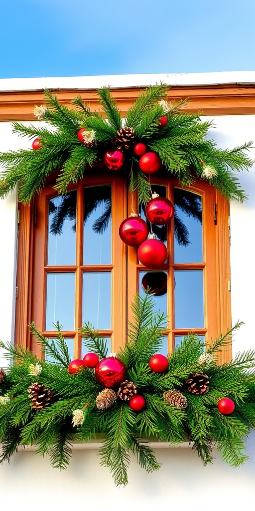 Create a festive image of a charming window adorned with a lush garland of evergreen branches. The garland should be decorated with shiny red ornaments and pine cones. The window frames should be made of rich brown wood, and the background should feature a clear blue sky.