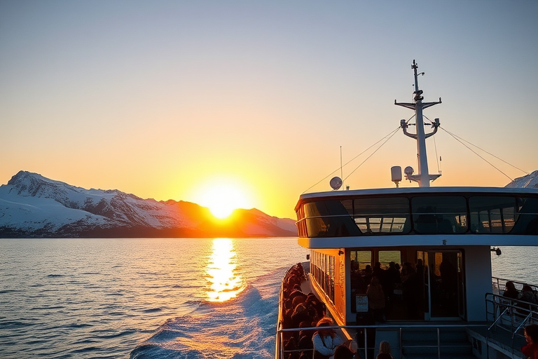 high-resolution image of a ferry boat with passengers on the deck in front of a snow-capped mountain under a golden sunset, shot with a DSLR camera at f/8 aperture, ISO 100, 24mm focal length, capturing vibrant colors and sharp details with a slightly elevated angle for depth.